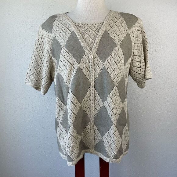 Alfred Dunner Faux Button Down Short Sleeve Sweater Top Size M EUC - Picture 1 of 7